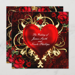 装飾的な花のハート ブラック レッド ゴールドの招待状 招待状