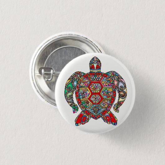 装飾的な花の装飾用のウミガメの線画 缶バッジ (正面&裏面)