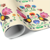 装飾的な花柄及びcockerelsを持つポーランドのフォーク、 ラッピングペーパー (ロールコーナー)