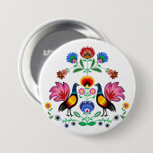 装飾的な花柄及びCockerelsを持つポーランドのフォーク 缶バッジ (正面&裏面)