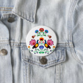 装飾的な花柄及びCockerelsを持つポーランドのフォーク 缶バッジ (インサイチュ)