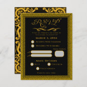 装飾的な要素が施されたブラックとゴールドのRSVPカード 出欠カード (正面/裏面)