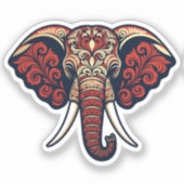装飾的な象の頭部 - 赤、青、金のパイズリー シール (正面)