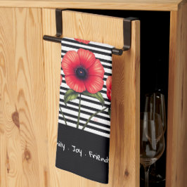 装飾的な赤い花柄 キッチンタオル
