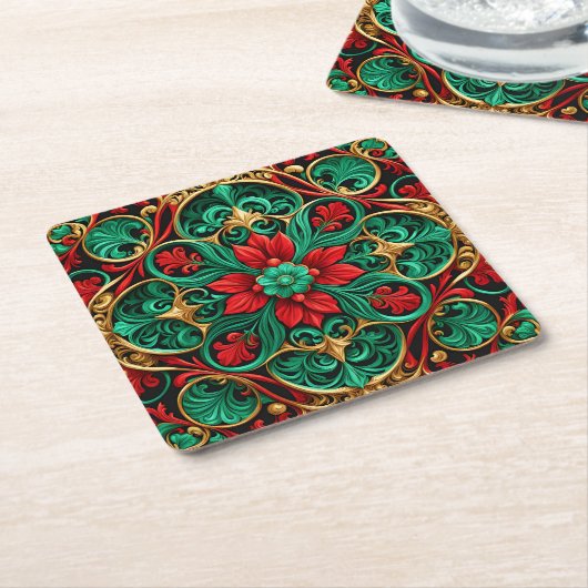 装飾的な赤と緑のホリデーシーズン紙コースター スクエアペーパーコースター (アングル)