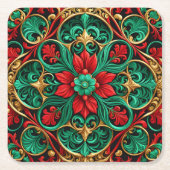 装飾的な赤と緑のホリデーシーズン紙コースター スクエアペーパーコースター (正面)