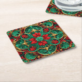 装飾的な赤と緑のホリデーペーパーコースター スクエアペーパーコースター (アングル)