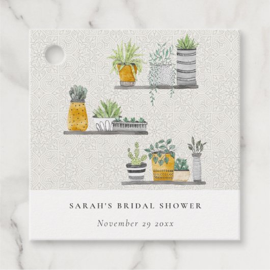 装飾的な鉢植えの葉の植物を使ったブライダルシャワーのおしゃれなデザイン フェイバータグ (正面)