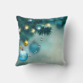 装飾的な雪の青及び金ゴールドの球のメリークリスマス クッション (裏面)