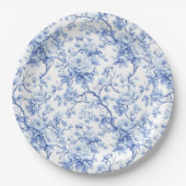 装飾的な青いフランスのトワール・ローズの花柄の紙皿 ペーパープレート (正面)