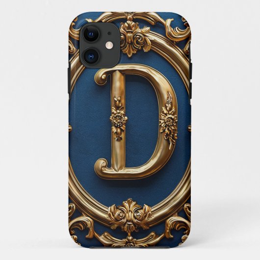 装飾的な青い背景に優雅な金の文字D Case-Mate iPhoneケース (裏面)