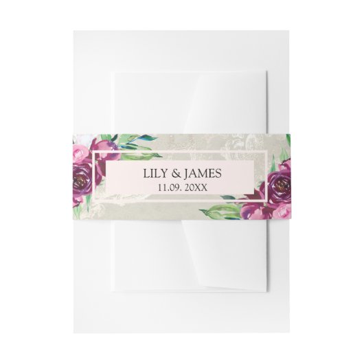 装飾的な鳩のグレー、ワイン&ピンクのバラ結婚ズ 招待状ベリーバンド (正面例)