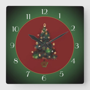 装飾的なXmasTree赤い/Green >クリスマスの時計 スクエア壁時計