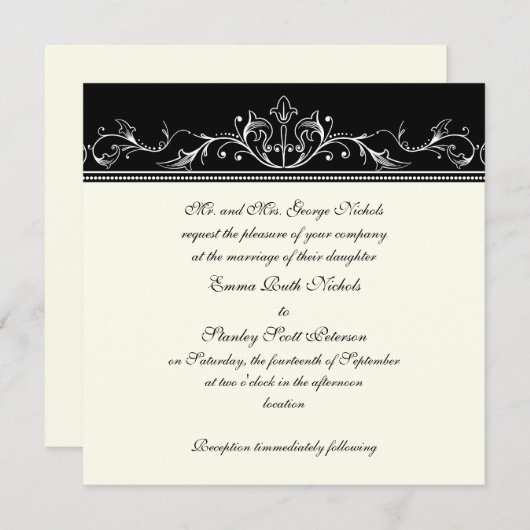 装飾縁ど白黒結婚式招待状 招待状 (正面/裏面)