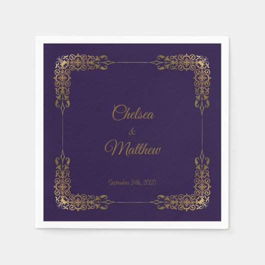 装飾縁ど金ゴールドパープル結婚ズのナプキン スタンダードカクテルナプキン (正面)