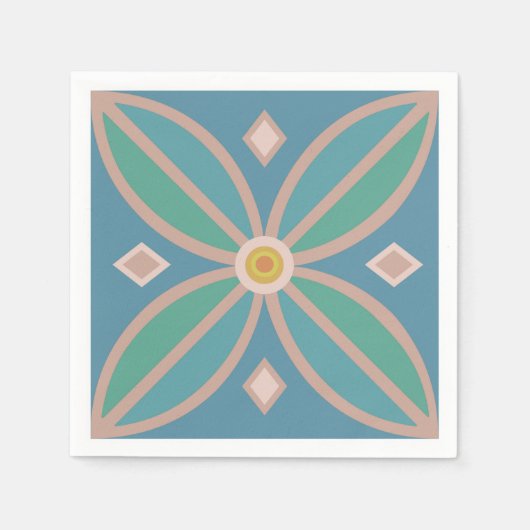 装飾花かわいらしティール（緑がかった色）とピンク スタンダードカクテルナプキン (正面)
