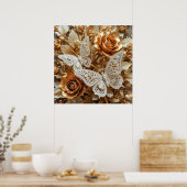 装飾芸術シルバーと金ゴールド – 蝶#3 ポスター (キッチン)