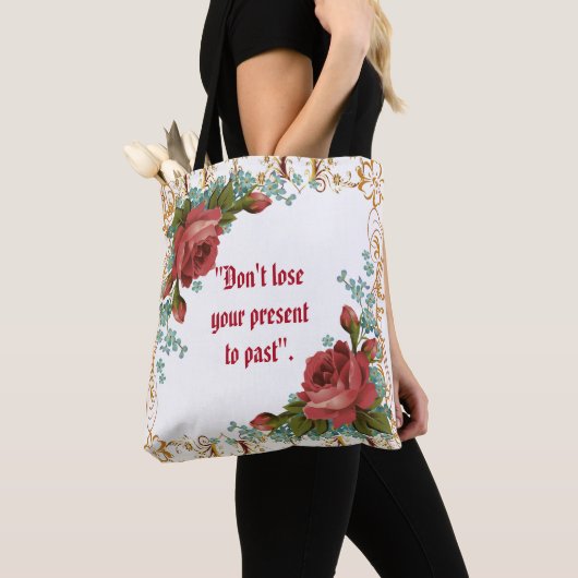 装飾芸術素朴レッドローズヴィンテージ金ゴールドフローラ トートバッグ (クローズアップ)