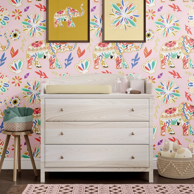 装飾華美象カラフルボーフローラ 壁紙 (Ornate Colorful Decorative Elephant Boho Floral Wallpaper)