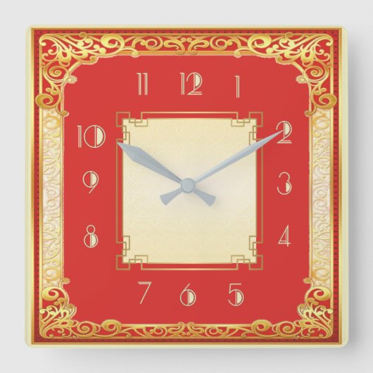 装飾赤と金ゴールド スクエア壁時計 (正面)