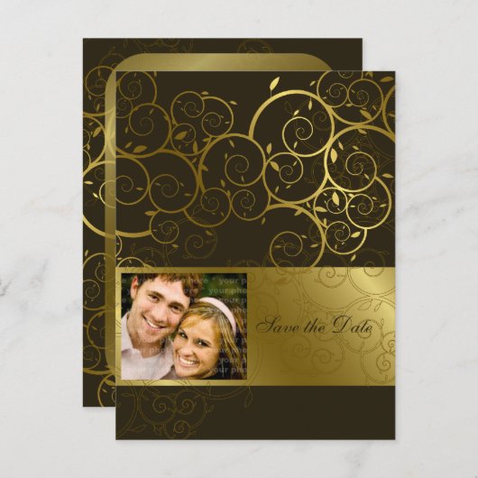 装飾金ゴールドスパイラルつる植物日付はがきを保存 案内ポストカード (正面/裏面)