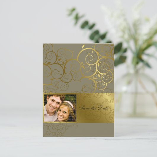 装飾金ゴールドスパイラルつる植物日付はがきを保存 案内ポストカード (スタンド正面)