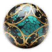 装飾金ゴールドフィリグリーティール（緑がかった色）ブラックマーブル セラミックノブ (正面)
