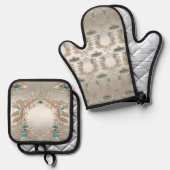装飾金ゴールドブルーストーンミット&ポットホルダーセット 鍋つかみ&鍋敷きセット (正面/裏面)