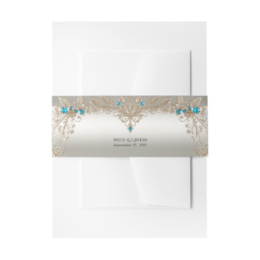 装飾金ゴールドブルーストーン招待状用帯 招待状ベリーバンド (正面例)