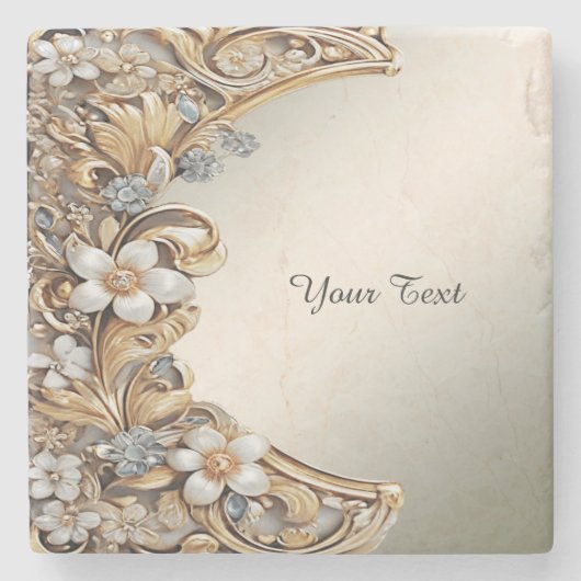 装飾金ゴールドホワイトフローラストーンコースター ストーンコースター (正面)