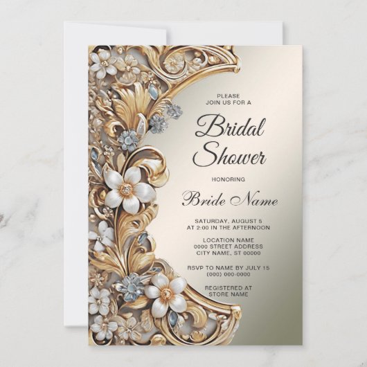 装飾金ゴールドホワイトフローラブライダルシャワー 招待状 (正面)