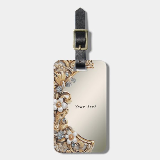 装飾金ゴールドホワイトフローララゲージタグ ラゲッジタグ (正面縦)