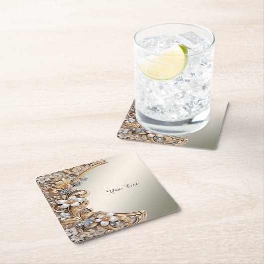 装飾金ゴールドホワイトフローラ紙コースター スクエアペーパーコースター (インサイチュ)