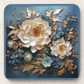 装飾金ゴールド及びティール（緑がかった色）ブルーフローラデザイン コースター (正面)