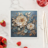 装飾金ゴールド及びティール（緑がかった色）ブルーフローラデザイン スタンダードランチョンナプキン (インサイチュ)