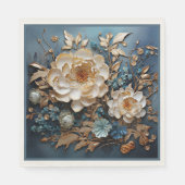 装飾金ゴールド及びティール(緑がかった色)ブルーフローラデザイン スタンダードランチョンナプキン (正面)