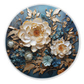 装飾金ゴールド及びティール（緑がかった色）ブルーフローラデザイン セラミックノブ (正面)