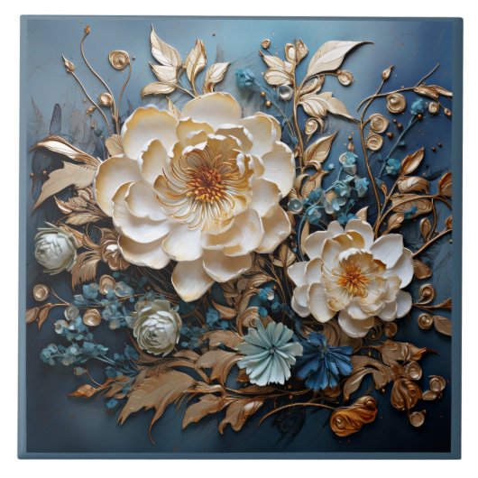 装飾金ゴールド及びティール(緑がかった色)ブルーフローラデザイン タイル (正面)