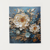 装飾金ゴールド及びティール（緑がかった色）ブルーフローラデザイン タペストリー (正面)