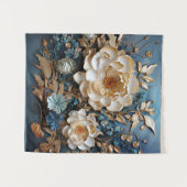 装飾金ゴールド及びティール（緑がかった色）ブルーフローラデザイン タペストリー (正面(横))