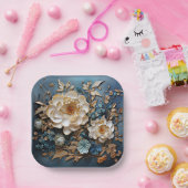 装飾金ゴールド及びティール（緑がかった色）ブルーフローラデザイン ペーパープレート (パーティー)