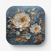 装飾金ゴールド及びティール（緑がかった色）ブルーフローラデザイン ペーパープレート (正面)