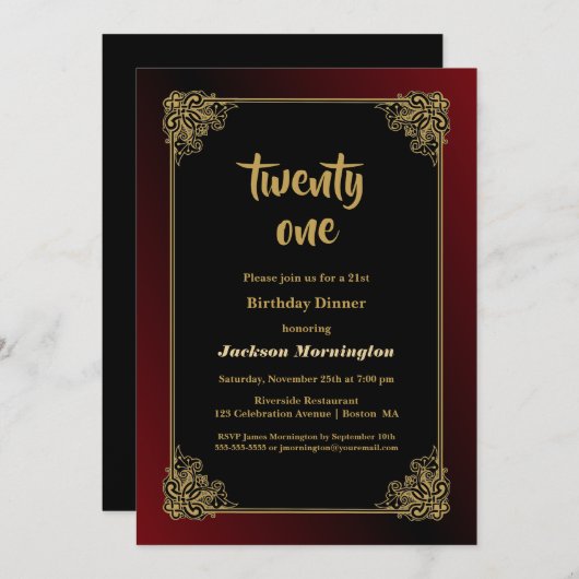 装飾金ゴールド縁ど21歳生誕生日会パーティー 招待状 (正面/裏面)