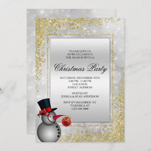 装飾銀雪だるま&金ゴールドグリッタークリスマス 招待状 (正面/裏面)