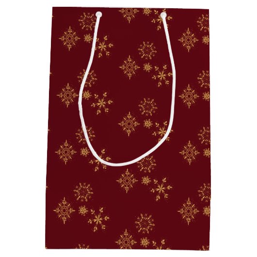 装飾黄金の雪片クリスマスパターン ミディアムペーパーバッグ (裏面)