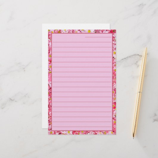 裏地が美しくかわいらしピンクのフローラ  便箋 (正面/裏面インサイチュ)