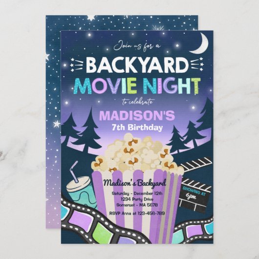 裏庭の映画の夜の誕生日映画の下のザ・スター 招待状 (正面/裏面)
