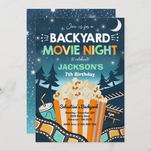 裏庭の映画の夜の誕生日映画の下のザ・スター 招待状 (正面/裏面)