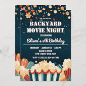 裏庭の映画の夜ポップコーン誕生日パーティー 招待状 (正面/裏面)