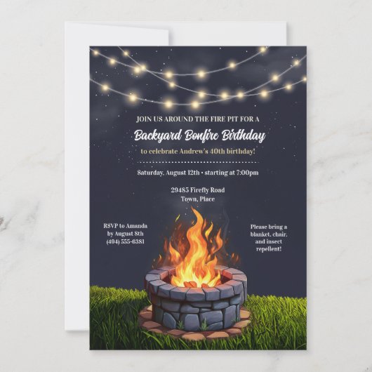 裏庭の火ピット焚き火クックアウト、誕生日BBQ 招待状 (正面)